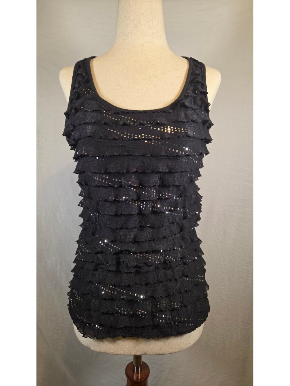 Vintage Black Fitted Sequin Ruffle Tank Brand: Love Kisses USA Size: XL